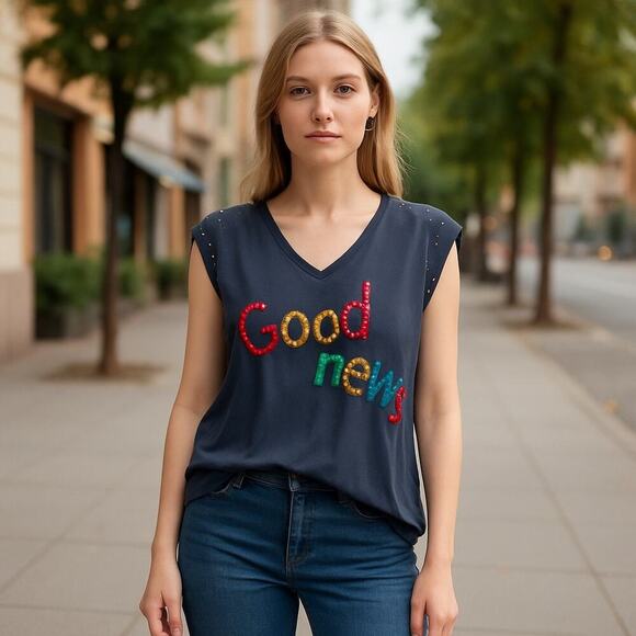 POL Tops - New POL Sequin "Good News" Sleeveless Top  Studded Large